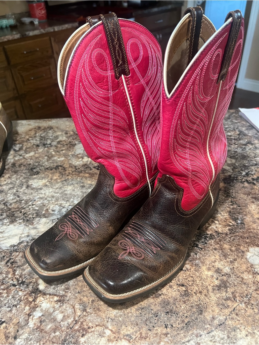 Ariat Brown Leather Foot with Pink Embroidered Shaft Western Boots
